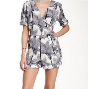 Women’s short sleeve wrap front romper by Leith palm tropical vacation playsuit